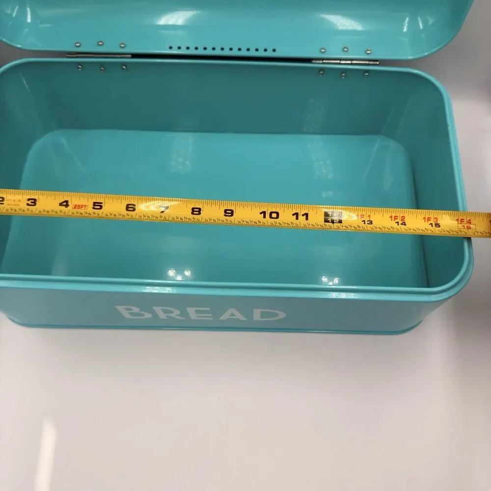 Turquoise Metal Bread Box Hinged Lid Retro Farmhouse Kitchen Storage 16.5”